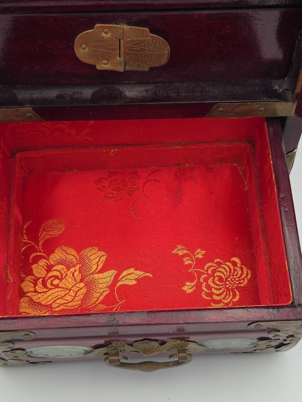 Wood & Brass Jewelry Chest Post 1940 with Jade Inlay - Red